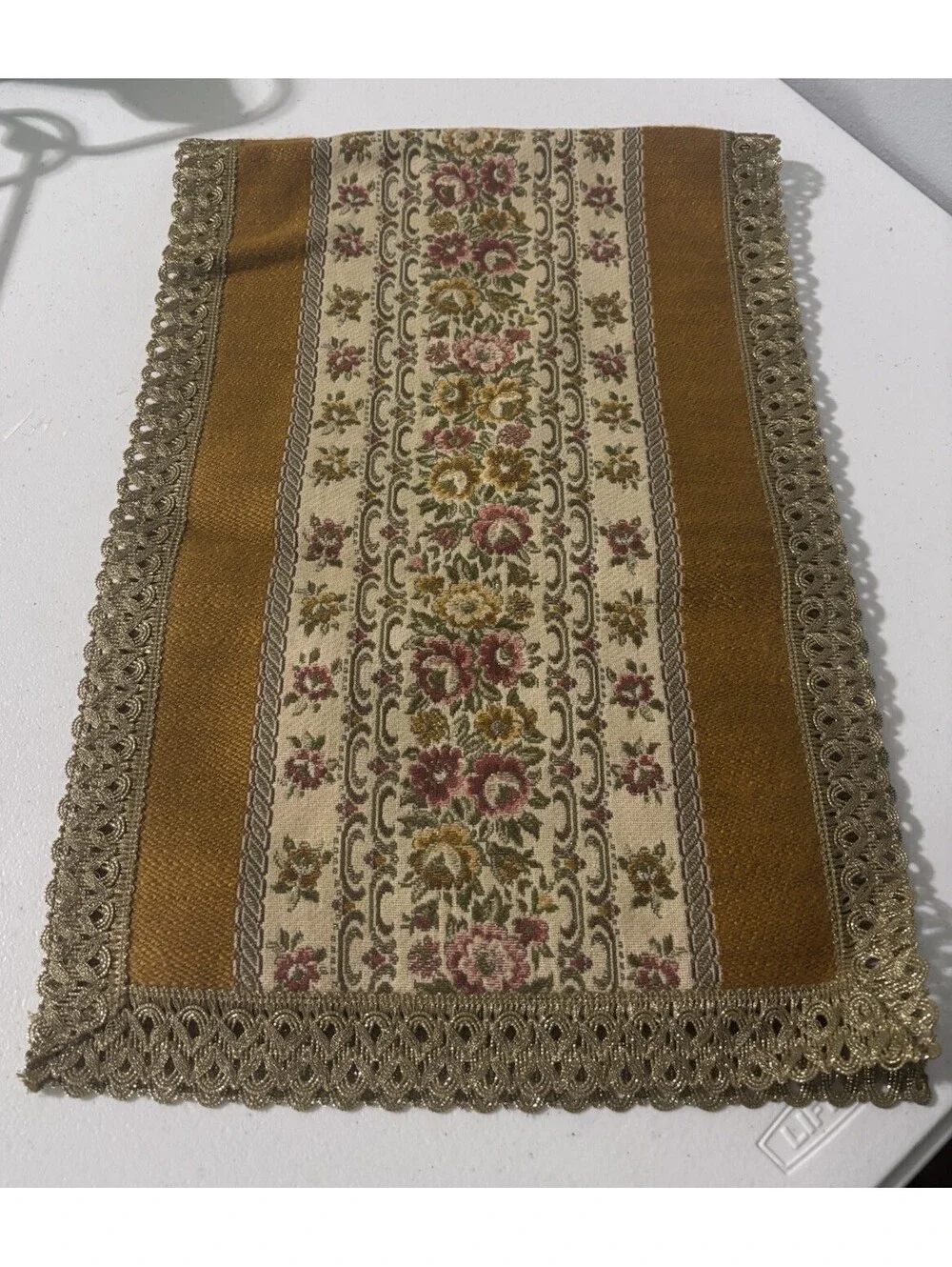 Vintage Table Runner Gold With Green Velvet Backing Floral